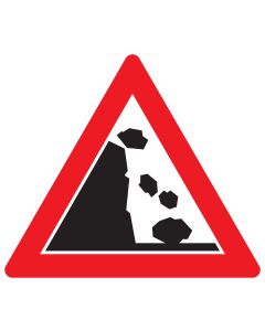 Verkehrszeichen 101-25 „Steinschlag – Aufstellung links“ zur Warnung vor Steinschlag und herabfallenden Gesteinsbrocken am linken Fahrbahnrand nach StVO