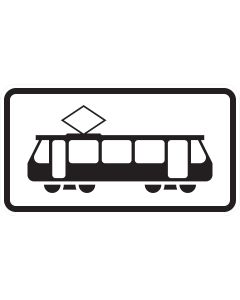 Schwarzes Straßenbahn-Sinnbild mit Stromabnehmer auf weißem Zusatzzeichen 1010-56 ohne Schriftzug