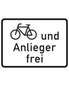 Zusatzzeichen 1020-12 mit schwarzem Fahrrad-Sinnbild und der Aufschrift „und Anlieger frei“ auf weißem Grund