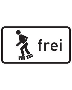 Weißes Zusatzzeichen 1020-13 mit schwarzem Inline-Skater-Sinnbild und dem Schriftzug „frei“