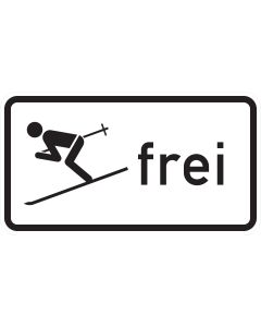 Rechteckiges Zusatzzeichen 1020-14 mit abfahrendem Skifahrer und schwarzem Schriftzug „frei“ auf weißem Grund