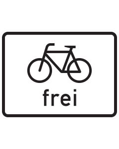 Zusatzzeichen 1022-10 mit schwarzem Fahrrad-Sinnbild und der Aufschrift frei auf weißem Grund