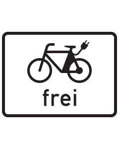 Zusatzzeichen 1022-13 mit schwarzem E-Bike-Sinnbild, Ladestecker und der Aufschrift frei