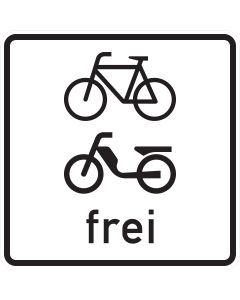 Zusatzzeichen 1022-14 mit schwarzen Sinnbildern für Fahrrad und Mofa sowie der Aufschrift frei