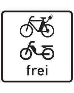 Zusatzzeichen 1022-15 mit schwarzen Sinnbildern für E-Bike und Mofa sowie der Aufschrift frei