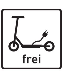 Zusatzzeichen 1022-16 mit schwarzem E-Scooter-Sinnbild, Ladestecker und Schriftzug „frei“