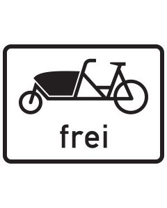 Schwarzes Sinnbild eines zweirädrigen Lastenfahrrads mit vorderer Transportbox über dem Wort „frei“
