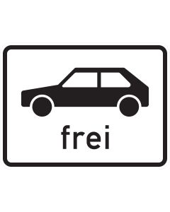 Schwarze Seitenansicht eines Personenkraftwagens über dem Wort „frei“ auf Zusatzzeichen 1024-10