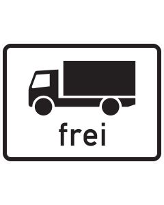 Zusatzzeichen 1024-12 mit schwarzem Lkw-Sinnbild für Kraftfahrzeuge über 3,5 Tonnen und dem Schriftzug „frei“
