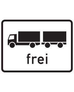 Zusatzzeichen 1024-13 mit schwarzem Sinnbild eines Lastkraftwagens mit Anhänger und dem Schriftzug „frei“
