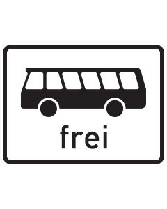 Zusatzzeichen 1024-14 mit schwarzer seitlicher Darstellung eines Kraftomnibusses und dem Schriftzug „frei“