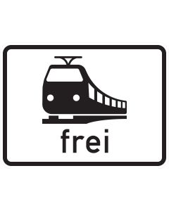 Zusatzzeichen 1024-15 mit schwarzem Schienenbahn-Sinnbild in Frontansicht und dem Schriftzug „frei“
