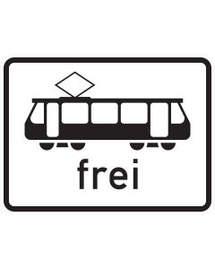 Zusatzzeichen 1024-16 mit schwarzem Straßenbahn-Sinnbild samt Stromabnehmer und dem Schriftzug „frei“