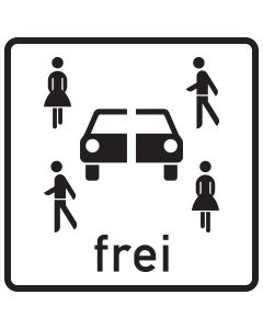 Carsharing-Sinnbild mit einem schwarzen Auto zwischen vier Personen und dem Wort „frei“ auf Zusatzzeichen 1024-21