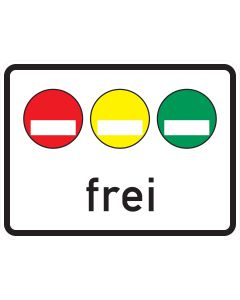 Zusatzzeichen 1031-50 mit roter, gelber und grüner Umweltplakette über dem schwarzen Schriftzug „frei“