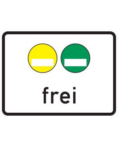Gelbe und grüne Umweltplakette über dem Wort „frei“ auf weißem Zusatzzeichen 1031-51
