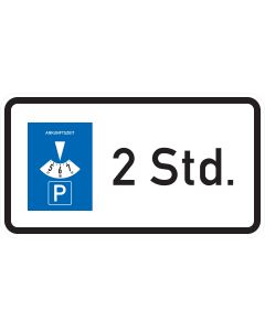 Zusatzzeichen 1040-32 mit blauem Parkscheiben-Sinnbild und Zeitangabe 2 Std.