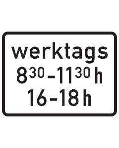Zusatzzeichen 1042-32 mit der beispielhaften Zeitangabe werktags 8:30 bis 11:30 Uhr und 16 bis 18 Uhr