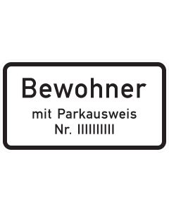 Verkehrszeichen 1044-30 Bewohner mit Parkausweis und individuell eintragbarer Parkausweisnummer