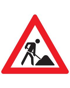 Selbstklebender Aufkleber im Design von Verkehrszeichen 123 Arbeitsstelle mit rotem Warndreieck und schwarzem Baustellensymbol