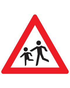 Verkehrszeichen 136-10 „Kinder – Aufstellung rechts“ nach StVO zur Warnung vor Kindern, die von der rechten Straßenseite die Fahrbahn betreten oder überqueren können.