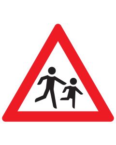 Verkehrszeichen 136-20 „Kinder – Aufstellung links“ nach StVO zur Warnung vor Kindern, die von der linken Straßenseite die Fahrbahn betreten oder überqueren können.