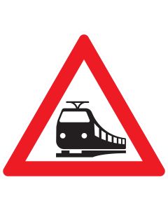 Verkehrszeichen Nr. 151 Bahnübergang als dreieckiges Gefahrzeichen mit rotem Rand und schwarzem Zug-Symbol nach StVO