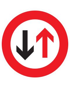 Rundes Verkehrszeichen 208 mit rotem Rand, rotem Aufwärtspfeil und schwarzem Abwärtspfeil – Vorrang des Gegenverkehrs gemäß StVO