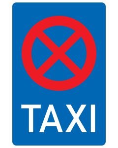 Blaues rechteckiges Verkehrszeichen 229 mit Halteverbotssymbol und weißer Aufschrift TAXI – ausgewiesener Taxenstand gemäß StVO