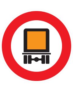 Rundes Verkehrszeichen 261 mit rotem Rand und Gefahrgut-Symbol – Verbot für kennzeichnungspflichtige Kraftfahrzeuge mit gefährlichen Gütern gemäß StVO