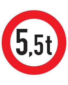 Rundes Verkehrszeichen 262 mit rotem Rand und schwarzer Aufschrift 5,5 t – Beschränkung nach tatsächlicher Masse gemäß StVO