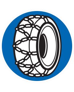 Rundes blaues Verkehrszeichen 268 mit Reifen und Schneeketten – Schneeketten vorgeschrieben gemäß StVO