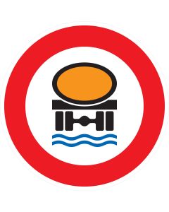 Rundes Verkehrszeichen 269 mit rotem Rand, Gefahrgut-Symbol und Wasserwellen – Verbot für Fahrzeuge mit wassergefährdender Ladung gemäß StVO