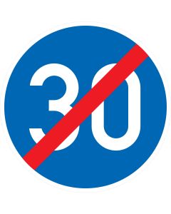 Rundes blaues Verkehrszeichen 279 mit weißer Zahl 30 und rotem Diagonalbalken – Ende der vorgeschriebenen Mindestgeschwindigkeit gemäß StVO