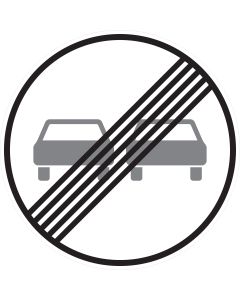 Rundes Verkehrszeichen 280 mit schwarzem Rand, zwei Fahrzeugen und diagonal verlaufenden schwarzen Streifen – Ende des Überholverbots für Kraftfahrzeuge aller Art gemäß StVO