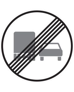 Rundes Verkehrszeichen 281 mit schwarzem Rand, Lkw- und Pkw-Symbol sowie diagonalen schwarzen Streifen – Ende des Überholverbots für Kraftfahrzeuge über 3,5 t gemäß StVO