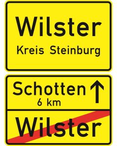 Doppelseitige Ortstafel Verkehrszeichen Nr. 310-40 mit Ortseingang Wilster und Rückseite mit durchgestrichenem Ortsnamen und Entfernungsangabe