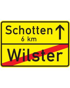 Ortstafel Rückseite Verkehrszeichen Nr. 311 mit durchgestrichenem Ortsnamen und Angabe des nächsten Ortes mit Kilometerzahl