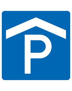 Blaues Verkehrszeichen 314-50 für Parkhaus und Parkgarage mit weißem P unter einem Dachsymbol