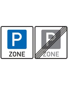 Verkehrszeichen Nr. 314.1-40 „Beginn einer Parkraumbewirtschaftungszone“ mit doppelseitiger Ausführung – Vorderseite mit Parksymbol und ZONE, Rückseite mit durchgestrichenem Parksymbol als Ende der Parkraumbewirtschaftungszone (Z 314.2).