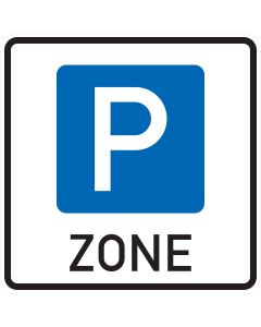 Verkehrszeichen 314.1 Beginn einer Parkraumbewirtschaftungszone mit blauem P und schwarzer Aufschrift Zone