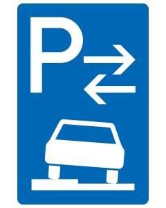 Blaues Verkehrszeichen 315-53 mit weißem P, zwei gegenläufigen Pfeilen und halb auf dem linken Gehweg dargestelltem Fahrzeug