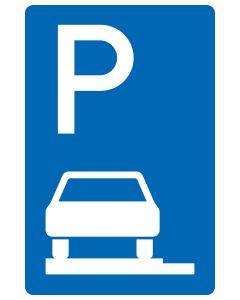 Blaues Verkehrszeichen 315-60 mit weißem P und vollständig auf dem Gehweg dargestelltem Fahrzeug in Fahrtrichtung links