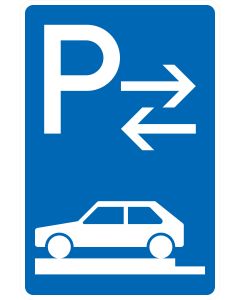 Verkehrszeichen 315-83 mit gegenläufigen Pfeilen und vollständig auf dem linken Gehweg quer geparktem Pkw