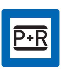 Blaues Verkehrszeichen 316 Parken und Reisen mit schwarzem P+R-Symbol auf weißer quadratischer Fläche