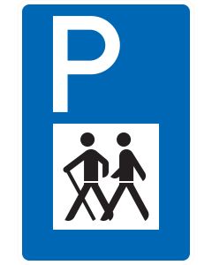 Blaues Verkehrszeichen 317 Wanderparkplatz mit weißem P und zwei wandernden Personen