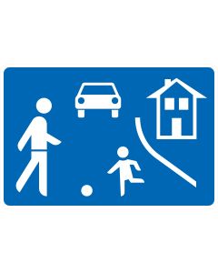 StVO Verkehrszeichen 325.1 – Beginn eines verkehrsberuhigten Bereichs mit Fußgänger, Kind und Auto Symbol