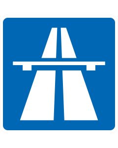 Blaues Verkehrszeichen 330.1 Autobahn mit weißem Symbol aus Fahrbahnen und Brücke