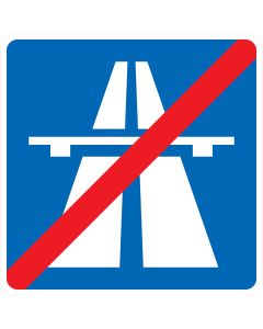 Blaues Verkehrszeichen 330.2 Ende der Autobahn mit weißem Autobahnsymbol und rotem Diagonalbalken