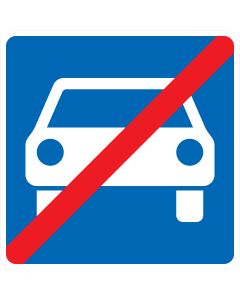 Blaues Verkehrszeichen 331.2 Ende der Kraftfahrstraße mit weißem Pkw und rotem Diagonalbalken